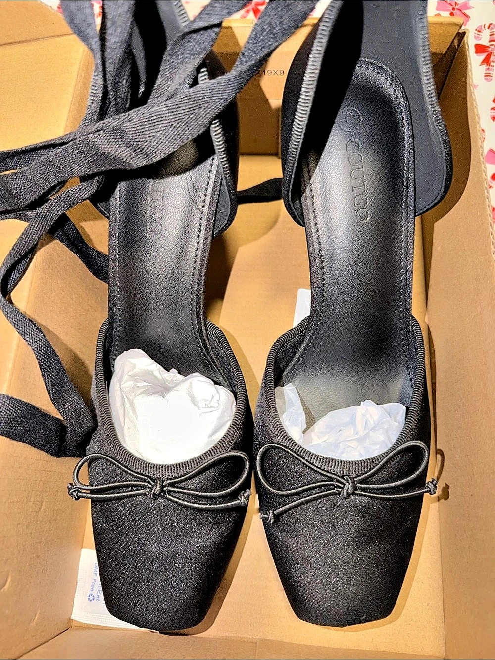 Coutgo Black Satin ballet/ballerina heels